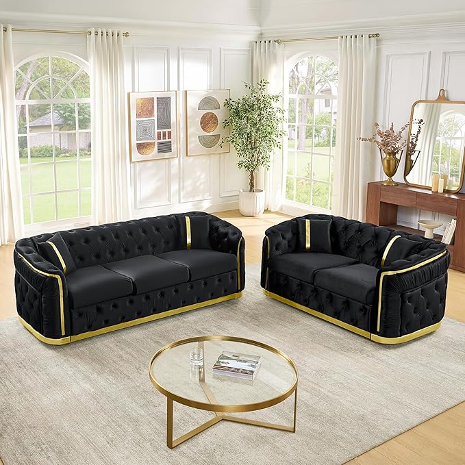 KEIKI 2-Piece Luxury Chesterfield Sofa Set with 1 Velvet 3-Seater Sofa & 1 Loveseat Sofa, 5-Seater Couch Set with 4 Pillow, Gold Stainless Decoration and Rolled Arms, for Living Room, Black