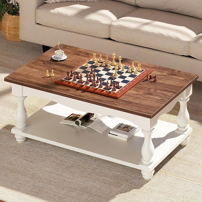 Farmhouse Coffee Table with Storage, 47" Mid Century Coffee Tables for Living Room, Modern 2-Tier Rectangle Coffee Table with Solid Wood Legs, Vintage Living Room Tables, Rustic Brown