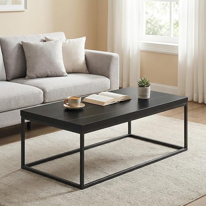 CENSI Modern Black Marble Coffee Table for Living Room - 47" Rectangular Center Table with Extra Thick 1.6" Faux Stone Top & Sturdy Metal Frame, Industrial Cocktail Table, Easy Assembly