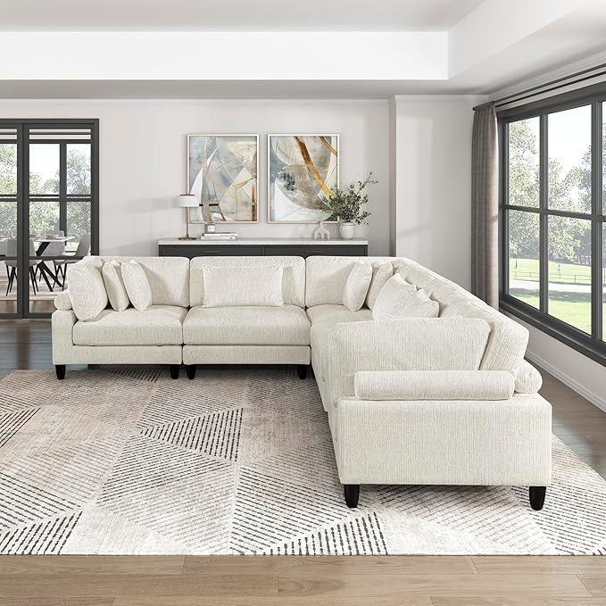Lexicon 120 Inch Modular Sectional Sofa - Oversized 6 Seater Microfiber L Shaped Sectional Couch, 9 Accent Pillows, and Flexible Arrangement for Modern Living Rooms, Beige