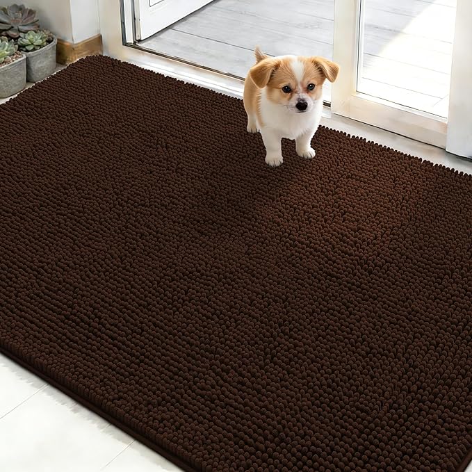 OLANLY Dog Door Mat for Muddy Paws 50x30, Absorbs Moisture and Dirt, Absorbent Non-Slip Washable Doormat, Quick Dry Chenille Mud Mat for Dogs, Entry Indoor Entryway Carpet for Inside Floor, Brown by OLANLY