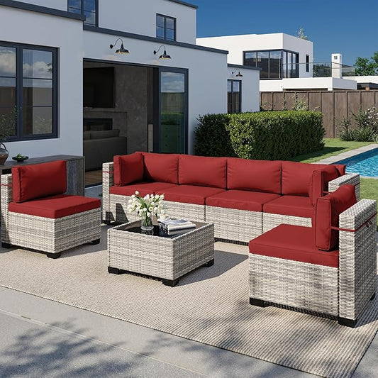 7-Piece Outdoor Patio Furniture Set, PE Wicker Rattan Sectional Sofa Conversation Set with Tempered Glass Table & Thick Cushions - All-Weather Garden, Backyard Furniture, Red