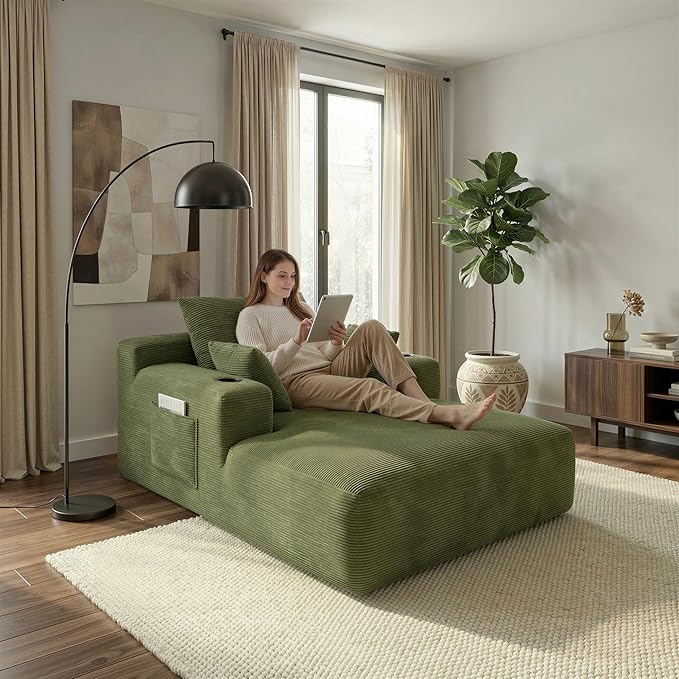 LIKIMIO 71.6" Oversized Chaise Lounge Chair Indoor, Corduroy Cloud Couch with 2 Cup Holders & Storage Pockets, No Assembly 2-in-1 Sleeper Sofa Bed, Deep Seat Reading Chair for Living Room (Green) | Chaise Lounge Indoor, OEKO‑TEX corduroy, Cup holders|s...