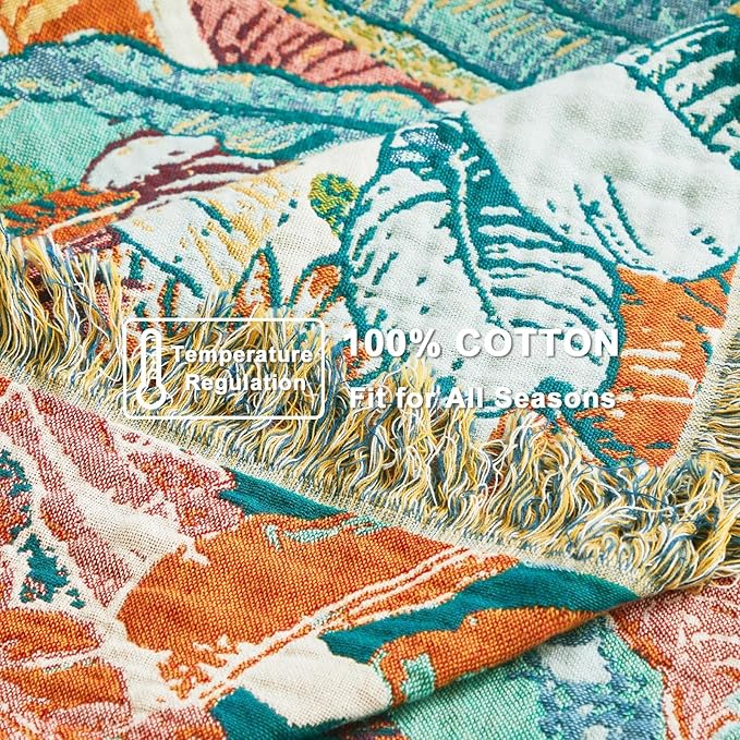 LUTBM Boho Throw Blanket for Bed Cotton Spring Blankets Twin Size for Bedroom Living Room All Season Lightweight Botanical Floral Embroidery Quilt for Couch Sofa Chair 60"x80" Home Decor