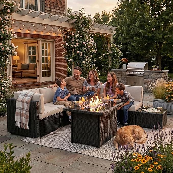8 Pieces Patio Furniture Set with 44" Propane Gas Fire Pit Table, Outdoor Sectional Wicker Conversation Sofa Sets with Coffee Table