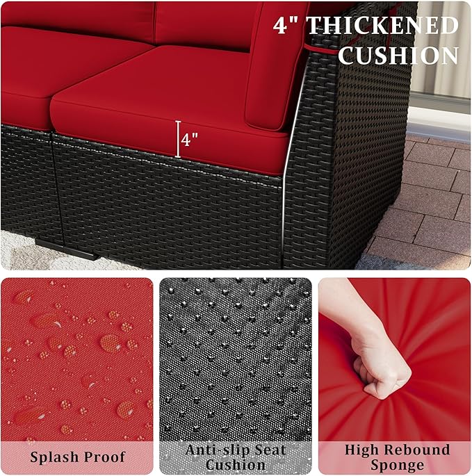 8 Pieces Outdoor Patio Furniture Set with 44" Fire Pit Table Black Rattan Sectional Conversation Sets w/Gas Fire Pit, Coffee Table, 1 Waterproof Covers, Wine red