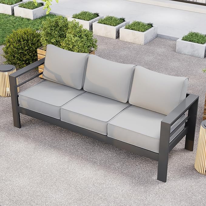 Aluminum Patio Furniture Set, 3-Seat Outdoor Furniture Set with 5 Inch Cushions, Patio Sets with Waterproof Covers for Backyard Garden(Dark Grey&Light Grey)