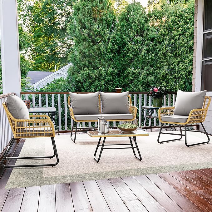 YITAHOME 4-Piece Patio Furniture Set, Wicker Outdoor Bistro Set, All Weather Rattan Patio Conversation Set with Soft Cushions and Glass Side Table for Backyard, Balcony, Deck - Light Grey