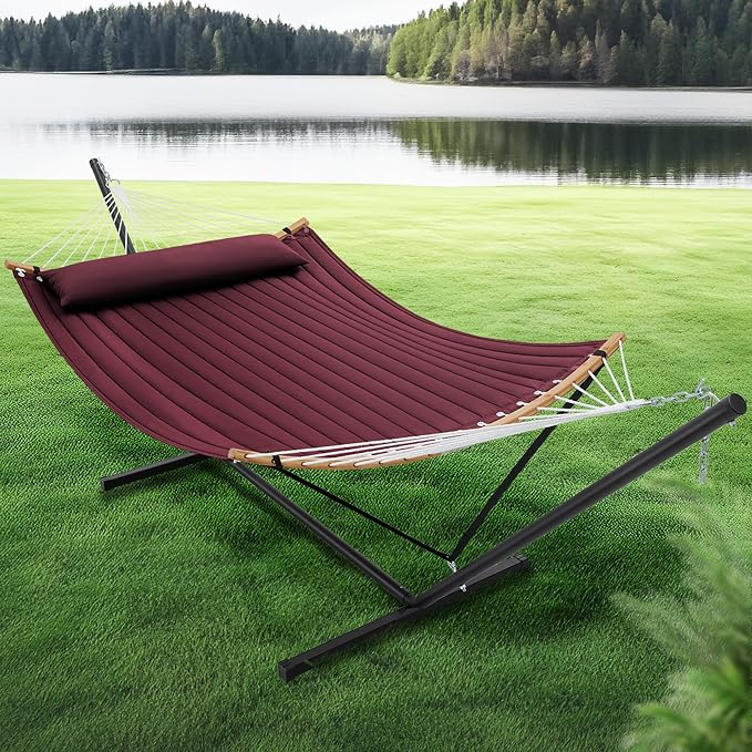 SUPERJARE Curved-Bar Hammock with Stand, 2 Person Heavy Duty Hammock Frame, Detachable Pillow & Portable Carrying Bag, Perfect for Outdoor & Indoor, Burgundy - Image 2