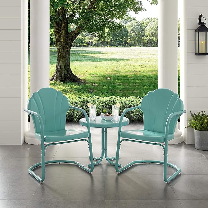 Crosley Furniture Tulip 3-Piece Outdoor Chair and Side Table Set, Retro Metal Patio Conversation Sets, Blue