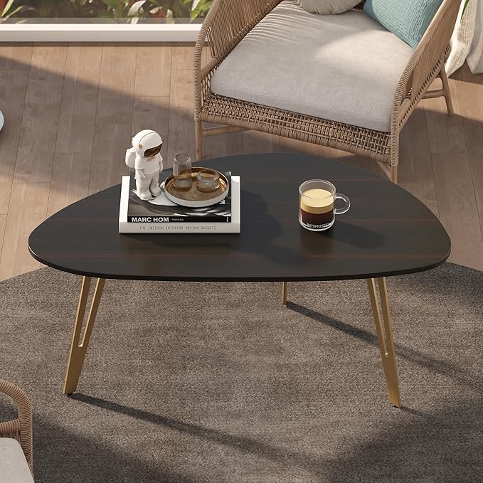 Manora Simple Dark Brown Oval Wood Coffee Table with Gold Legs, Modern Tea Table for Living Room or Office, Cute Small Center Table for Compact Space