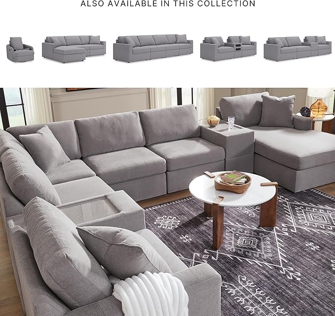 Signature Design by Ashley Modmax Casual Modular Stain Resistant 4-Piece Sectional with Audio Console, Drawer Storage, USB Ports and 2 Accent Pillows, Gray
