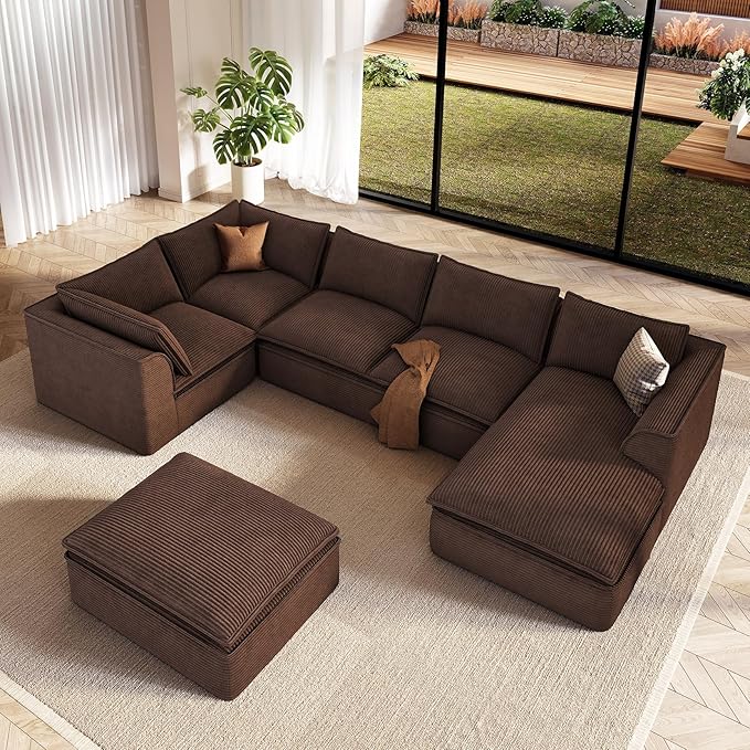 Vesgantti 141.7" Oversized Boneless Sectional Couch, 7 Seater Modular Sofa with Chaise & Ottoman & Armrest, Deep Seat Corduroy Cloud Couches for Living Room, No Assembly Required, Dark Brown