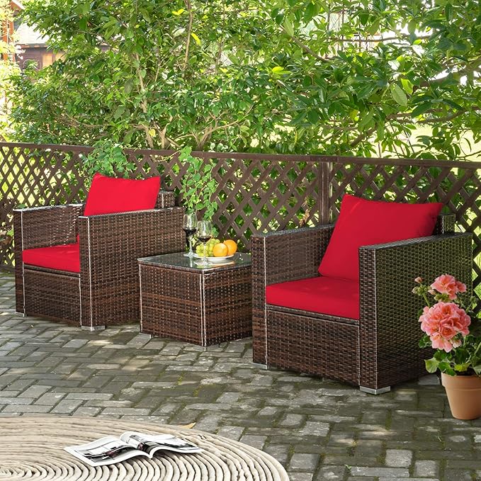 Tangkula 3 Pieces Patio Furniture Set, Outdoor Conversation Rattan Furniture Set w/Washable Cushion and Tempered Glass Tabletop, PE Rattan Wicker Sofa Set for Garden Poolside Balcony