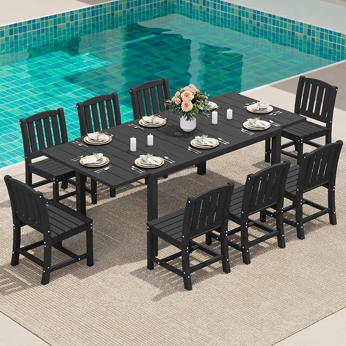 SERWALL 9-Piece Outdoor Dining Set, 60" - 83" Expandable Outdoor Dining Table and 8 HDPE Chairs, All Weather HDPE Outdoor Furniture Set for Backyard, Garden, Black by SERWALL