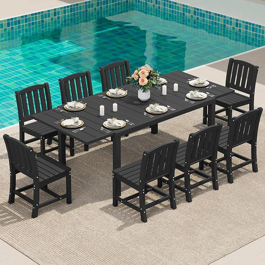 SERWALL 9-Piece Outdoor Dining Set, 60" - 83" Expandable Outdoor Dining Table and 8 HDPE Chairs, All Weather HDPE Outdoor Furniture Set for Backyard, Garden, Black by SERWALL
