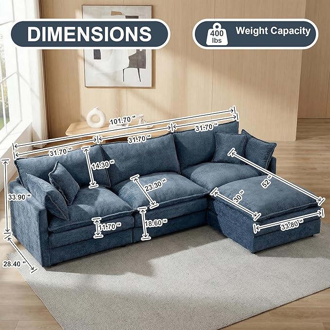 102" Cloud Couch Sectional, Modular Sectional Sofa with Chaise & 4 Removable Washable Pillows, Oversized L-Shaped Couch for Living Room, Modern 3-Seat Cloud Sofa Sectional with Deep Seat, Blue