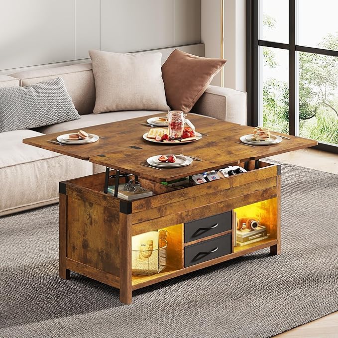 WLIVE 40" Lift Top Coffee Table, 4 in 1 Coffee Tables with Storage, 2 Fabric Drawers, LED Light and USB, Modern Coffee Table with Hidden Compartment for Living Room, Dining Room, Rustic Brown
