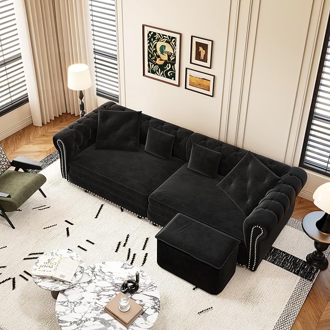 Eafurn 3 in 1 Oversized Chesterfield Loveseat Sofa Convertible Pull Out Sleeper Sofabed King Size Couch Bed w/Movable Ottoman and Nailhead Trim for Living Room Tufted Velvet Recliner Daybed Sofacama