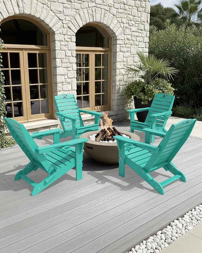 Folding Adirondack Chair with Retractable Ottoman Weather Resistant Fire Pit Chair Patio Chair with 2 Cup Holder Lawn Outdoor Lounge Chair (Lake Blue) - Image 2