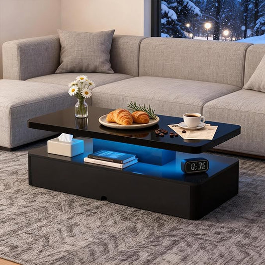 47" Modern Coffee Table with 16 Colors LED Lights, 2 Tier Rectangular Center Table with Large Storage Space, Stylish High Glossy Wooden Tea Tables for Living Room, Bedroom, Home Office, Black