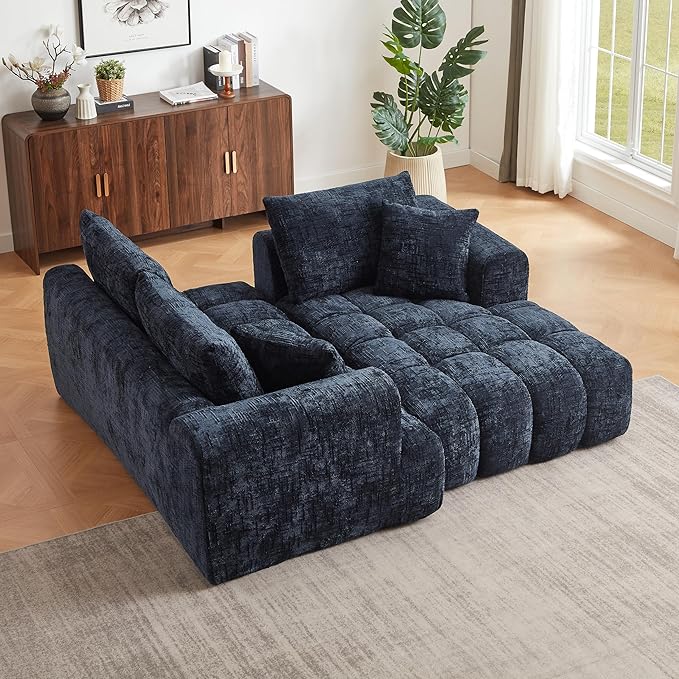 Tufted Chenille Cloud Modular Sectional Sofa,Oversized 2-Piece Right Facing Boneless Couch with Chaise Lounge, L-Shape Floor Lounge Sofa with 2 Throw Pillows for Living Room, No Assembly Required