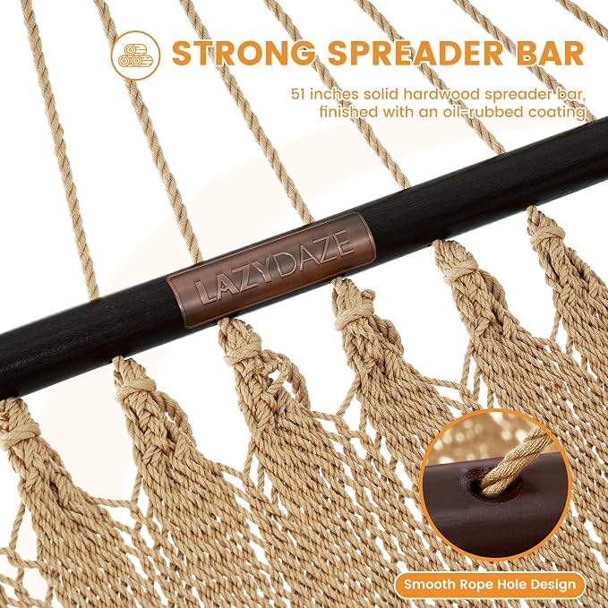 Lazy Daze Hammocks 10.5 FT Double 2 Person Caribbean Rope Hammock, Hand Woven Polyester Hammock with Spreader Bars, for Outside Outdoor Backyard Patio Poolside, 450 LBS Capacity, Tan - Image 5