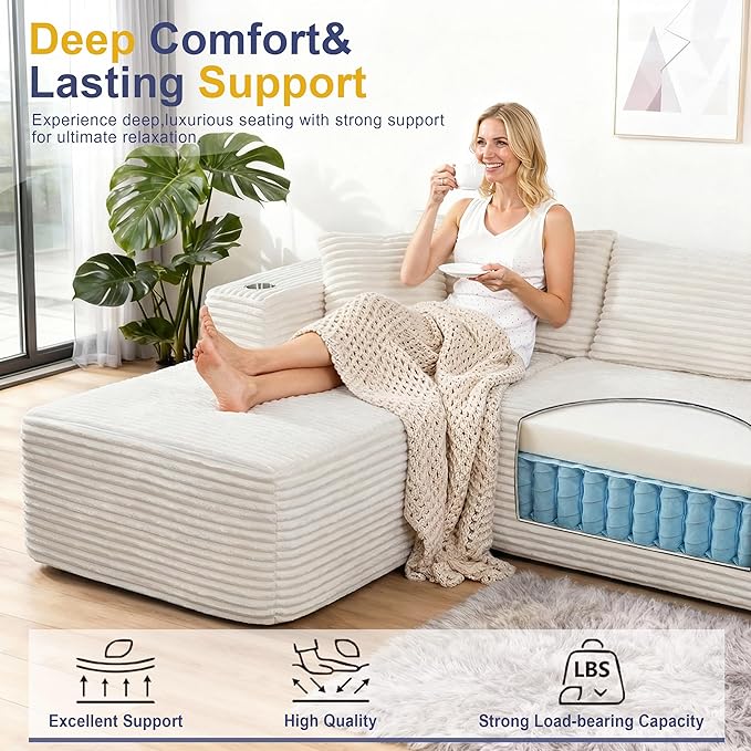 Shintenchi Boneless Couches for Living Room,Modular Sectional Sofa with 2 Cup Holders,Memory Foam Cloud Couch with L Shaped Oversized Chaise,No Assembly Needed Plush Corduroy Sofa,White