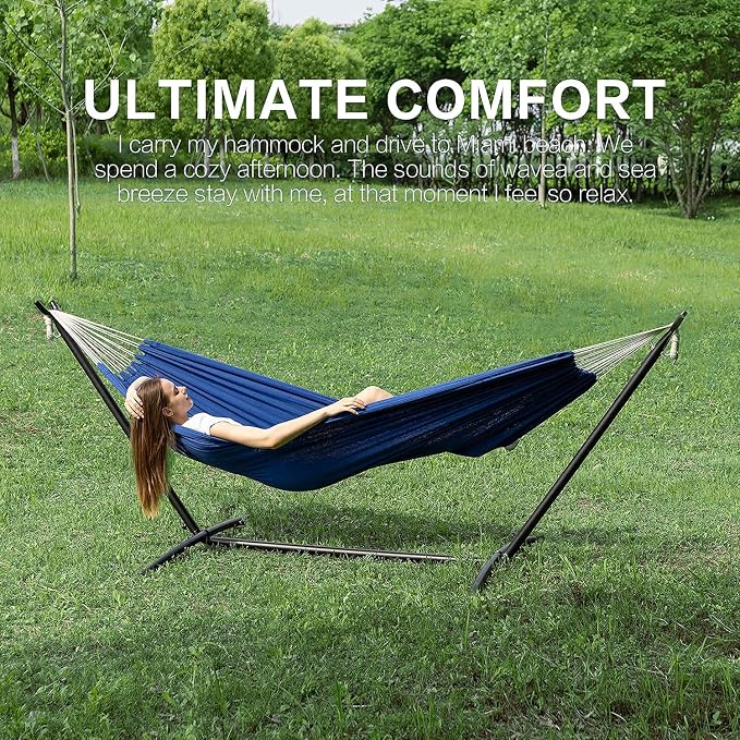 PNAEUT Double Hammocks with Stand for Outside, Portable Space Saving Heavy-Duty Steel Stand for Indoor Outdoor Patio with Carrying Bag, 450 lbs Capacity (Navy) - Image 3