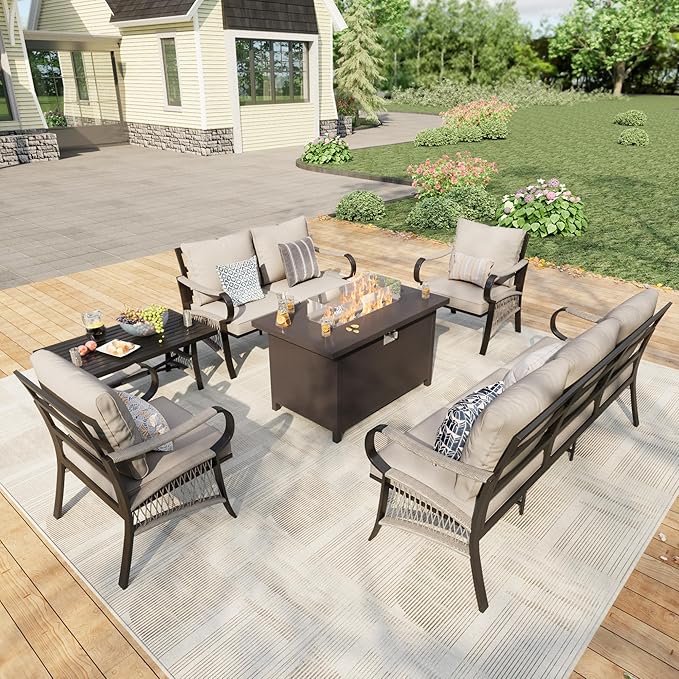 6 Pieces Outdoor Patio Conversation Sets, Outdoor Furniture Set Metal 3-Seater 2 Single Chairs 1 Loveseat with Coffee Table and Fire Pit Table for Backyard Deck Porch Poolside, Beige