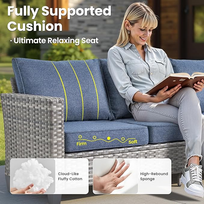 ovios Patio Furniture Set, 9 Pieces Outdoor Wicker Sofa Couch with 6 Chairs, Ottomans and Comfy Cushions, All Weather High Back Rattan Conversation Set, Denim Blue