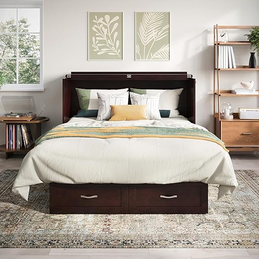 AFI, Chelsea Mid-Century Modern Queen Solid Wood Murphy Bed Chest with 6" Mattress, Storage Drawer & Built-in USB Charger, Espresso
