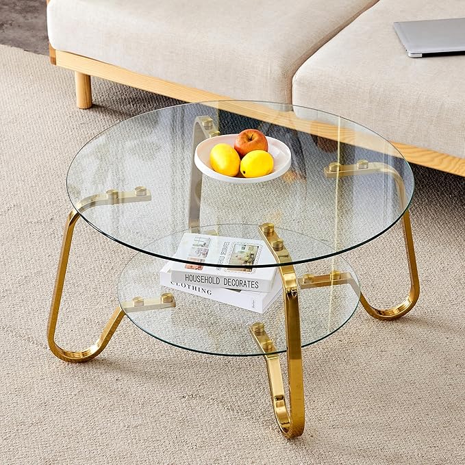 Glass Round Coffee Table for Living Room, 31.5 Inch Tempered Glass Top & Sturdy Metal Frame with Storage Shelf, Modern Small Center Table with 200lb Capacity, Quick & Easy Assembly