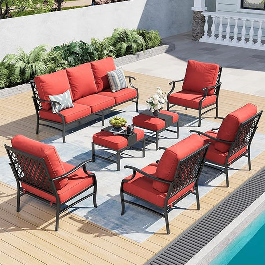 7 Piece Metal Outdoor Patio Furniture Set, Patio Conversation Sets 1 3-Seater Sofa, 4 Fixed Chair, 2 Ottomans with 5.75" Thick Cushion, Black All-Weather Frame Backyard Furniture, Red