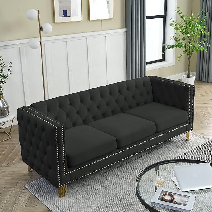 KEIKI Tufted Velvet 3 Seat Sofa Couch for Living Room, Buttons Tufted Square Arm Couch for Home Apartment, Black