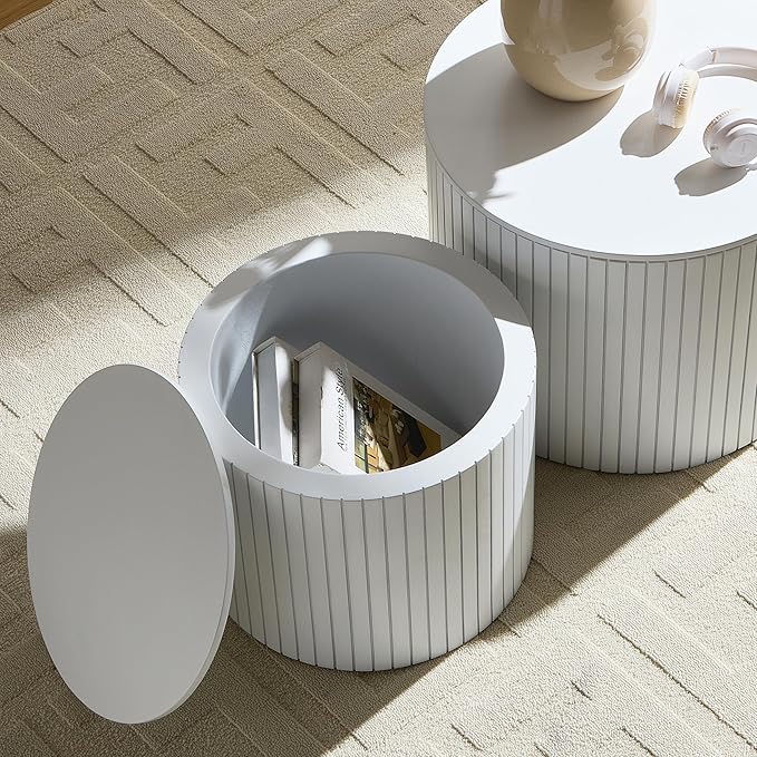 Small Nesting Round Coffee Table Set of 2, Modern Wooden Circle Accent End Side Table for Living Room, Bedroom, No Assembly Required, White