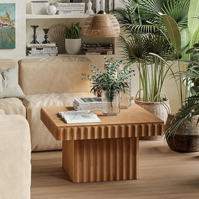 COZAYH Modern Square Fluted Wood Coffee Table with Natural Oak Finish, Geometric Accent Table Chunk Table for Living Room, Sturdy Rectangular Minimalist Centerpiece, Brown, Farmhouse