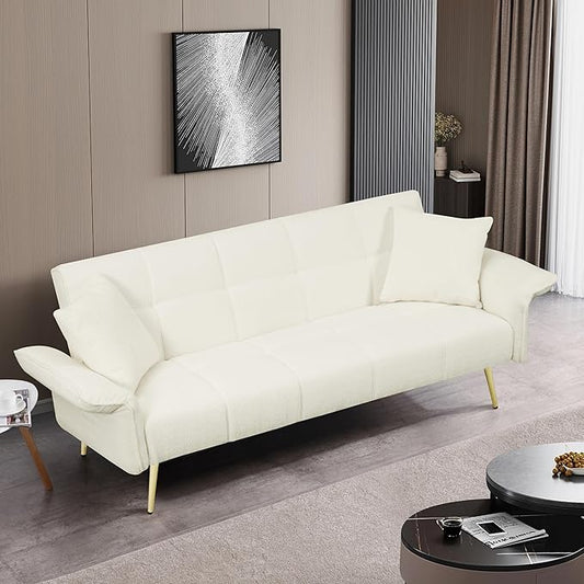 70 inch Upholstered Teddy Fleece Sofabed with Adjustable Arms and Backrest,Modern Convertible Futon Couch W/Metal Legs & Pillows,Love Sofa for Living Room,Bedroom,Apartment,Beige, 70"