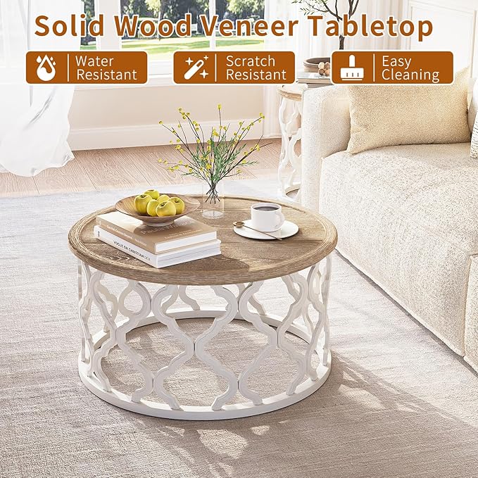 karlott Farmhouse Coffee Table, French Country Round Coffee Table with Distressed Tray Top, Coastal Coffee Tables with Curved Motif Frame Base, Boho Center Table for Living Room, Dining Room, Bedroom