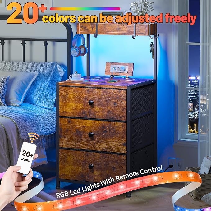 EnHomee Nightstands Set of 2, Nightstand with Charging Station and Led Nightstand with 3 Fabric Drawers, Bedside Table for Bedroom,Entryway, Hallway, Closet, 4 Hooks, 1 top Shelf, Rustic Brown - Image 4