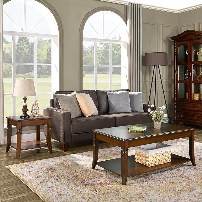 Living Room Tables Set of 3- One Coffee Table and Two End Table with Carved Tabletop and Leg, Mid-Century Sofa Beside Table and Center Table with Carved Legs, Easy Assembly, Cherry Brown KFZ-CJZ-DR200
