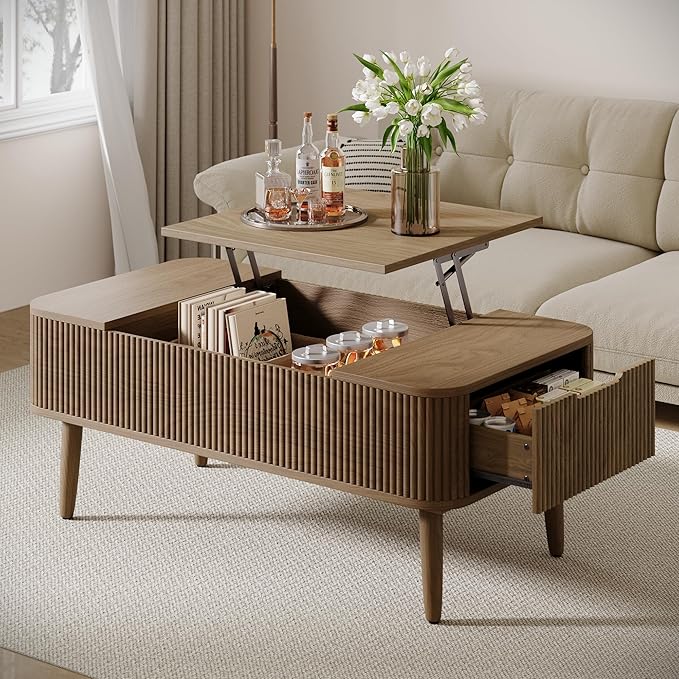 47.2” Modern Coffee Table Wooden Fluted Lift Top Coffee Table with Hidden Compartment, Mid Century Modern Rectangle Center Tables with Lifting Tabletop & 2 Storage Drawers for Home Living Room Walnut