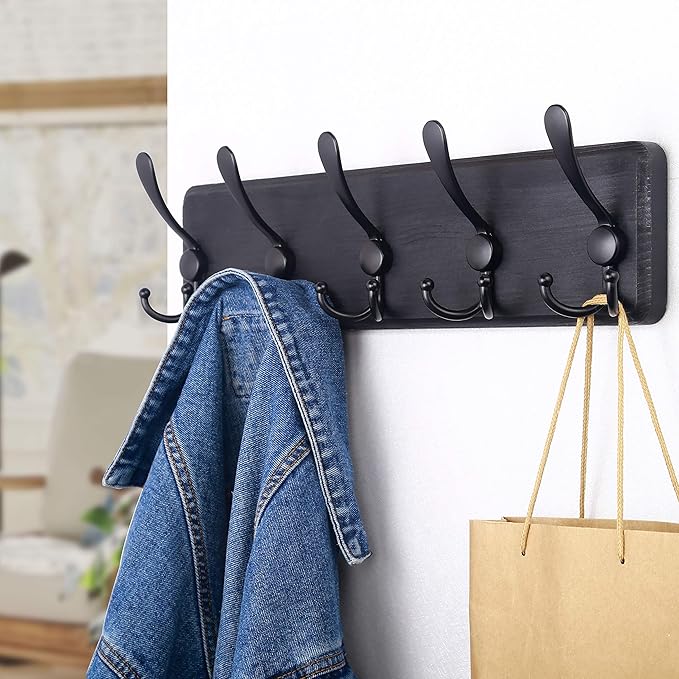 SKOLOO Rustic Wall Mounted Coat Rack: 16" Stud Spacing, Pine Real Wood Plank Wall Coat Rack with 5 Triple Hooks, Farmhouse Coat Hanger Wall Mount for Hanging Backpack Jacket Coat Hat - Image 3