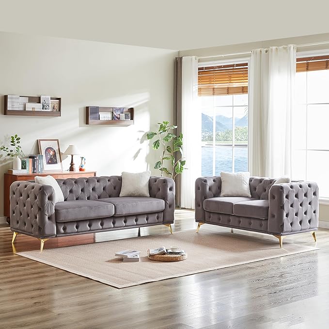 KEIKI 2-Piece Luxury Chesterfield Sofa Set with 1 Velvet 3-Seater Sofa & 1 Loveseat Sofa, Mid-Century 5-Seater Tufted Button Couch Set with 4 Pillow & High-Density Foam Cushion, for Living Room, Gray