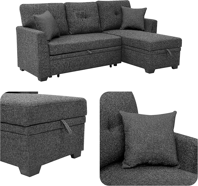 Sectional Sleeper Sofa with Pull Out Bed, L Shape Convertible Linen Couch with Storage Chaise, 2 in 1 Pull Out Sofa Bed with 2 Seats, for Living Room, Apartment, Charcoal Black