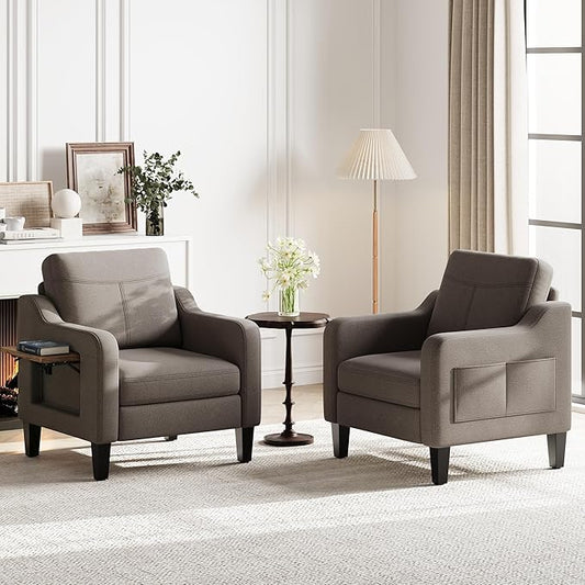 Accent Chair for Living Room Modern Linen Upholstered Armchair Side Wooden Fabric Sofa Chair with Foldable Table 2 Side Pockets Comfy Reading Chair for Bedroom