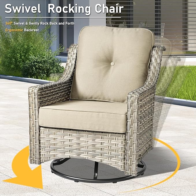 HOOOWOOO 6 Piece Patio Furniture Conversation Sets with Swivel Rocking Chairs,Outdoor Wicker Furniture with Ottoman,All Weather Resistant High Back Rattan Conversational Set(Beige Tan)