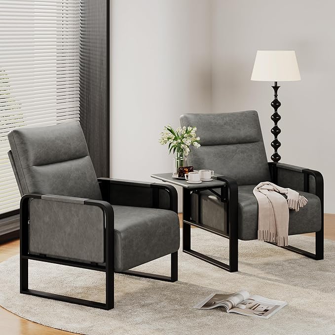 Upholstered Living Room Chair Armchair Set of 2, Mid Century Faux Leather Metal Accent Chair, Reception Couch Office Guest Chair Slipper Club Lounge Single Sofa with Sidetable for Bedroom-Grey