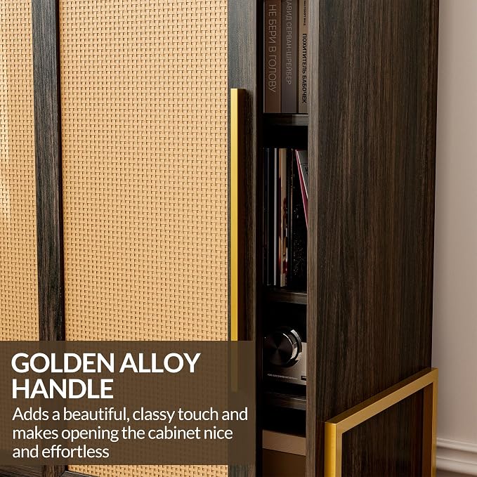 BELLEZE Storage Cabinet, Buffet Sideboard with Rattan Sliding Doors and Adjustable Shelf, Shoe Rack for Entryway, Sideboard Cabinet Accent Cabinet for Living Room and Bathroom - Dana(Brown) - Image 7