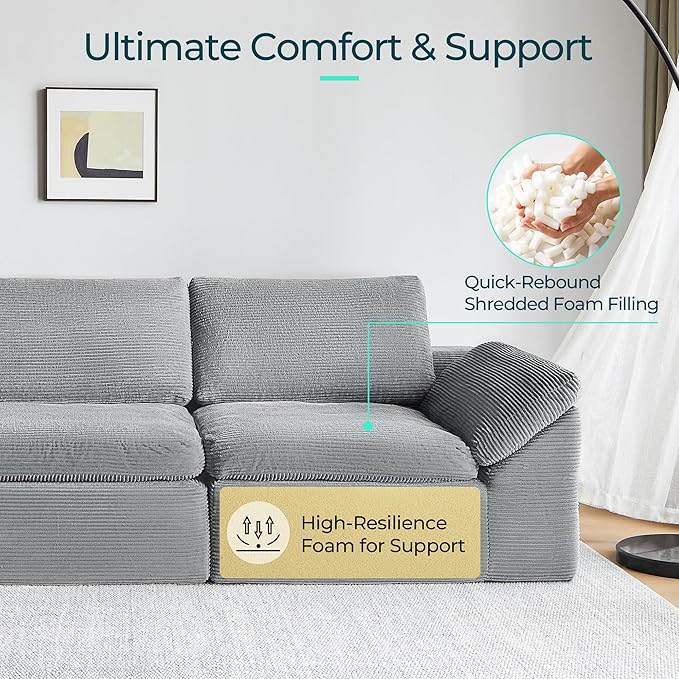 LINSY HOME Modern Boneless Cloud Couch Set with Movable Ottomans, Deep Seat Corduroy Secional Sofa Couch Sets for Living Room, Apartment, Office, No Assembly Required, Grey